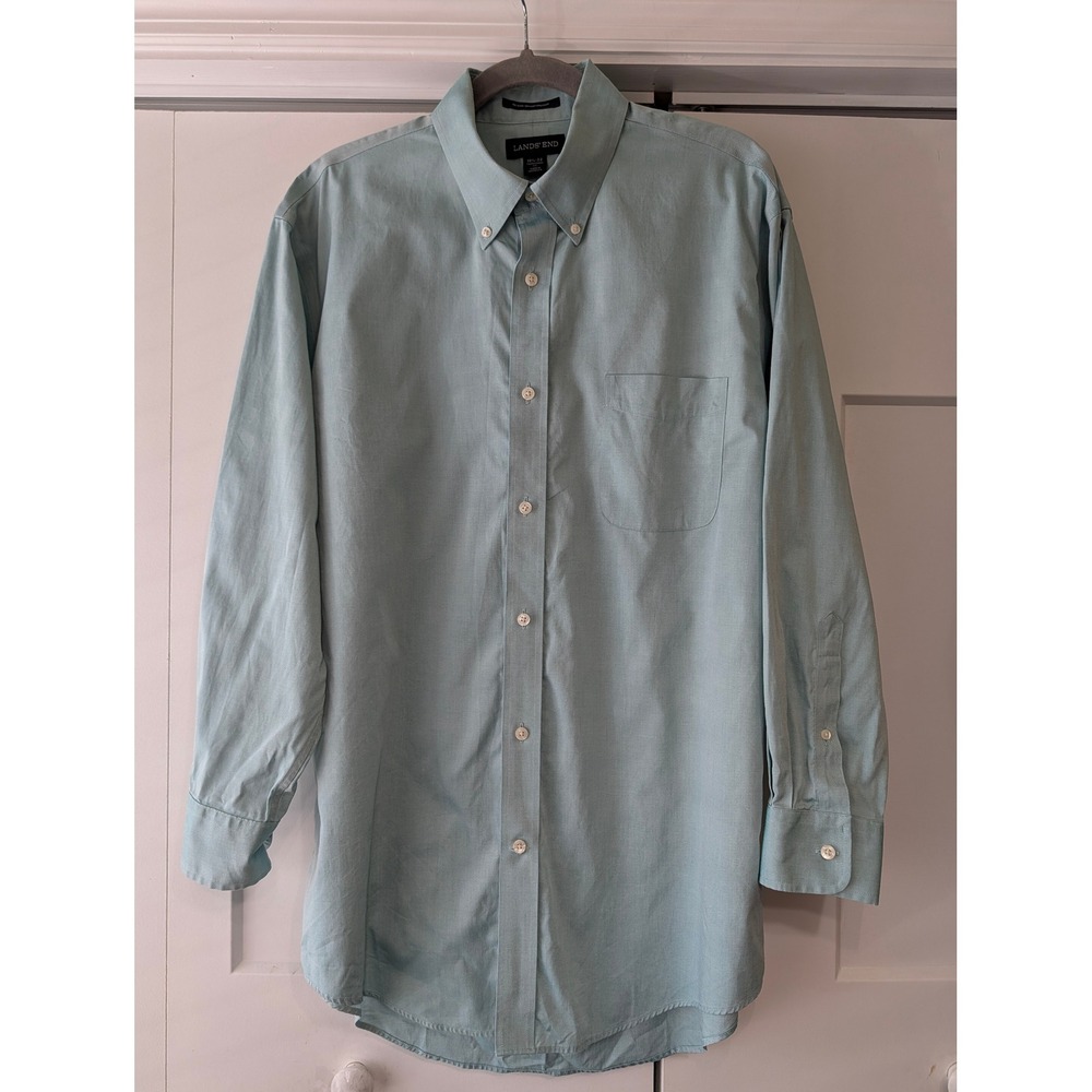 Lands End Mens 16.5 32 Traditional Fit No Iron Supima Pinpoint Shirt Seafoam